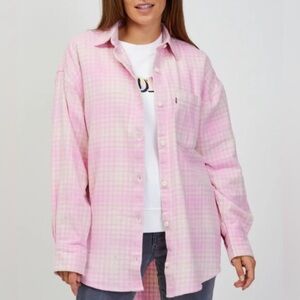 Levi's Women's Nola The Ex-Boyfriend Relaxed Fit Flannel Shirt Pink Plaid Sz XS